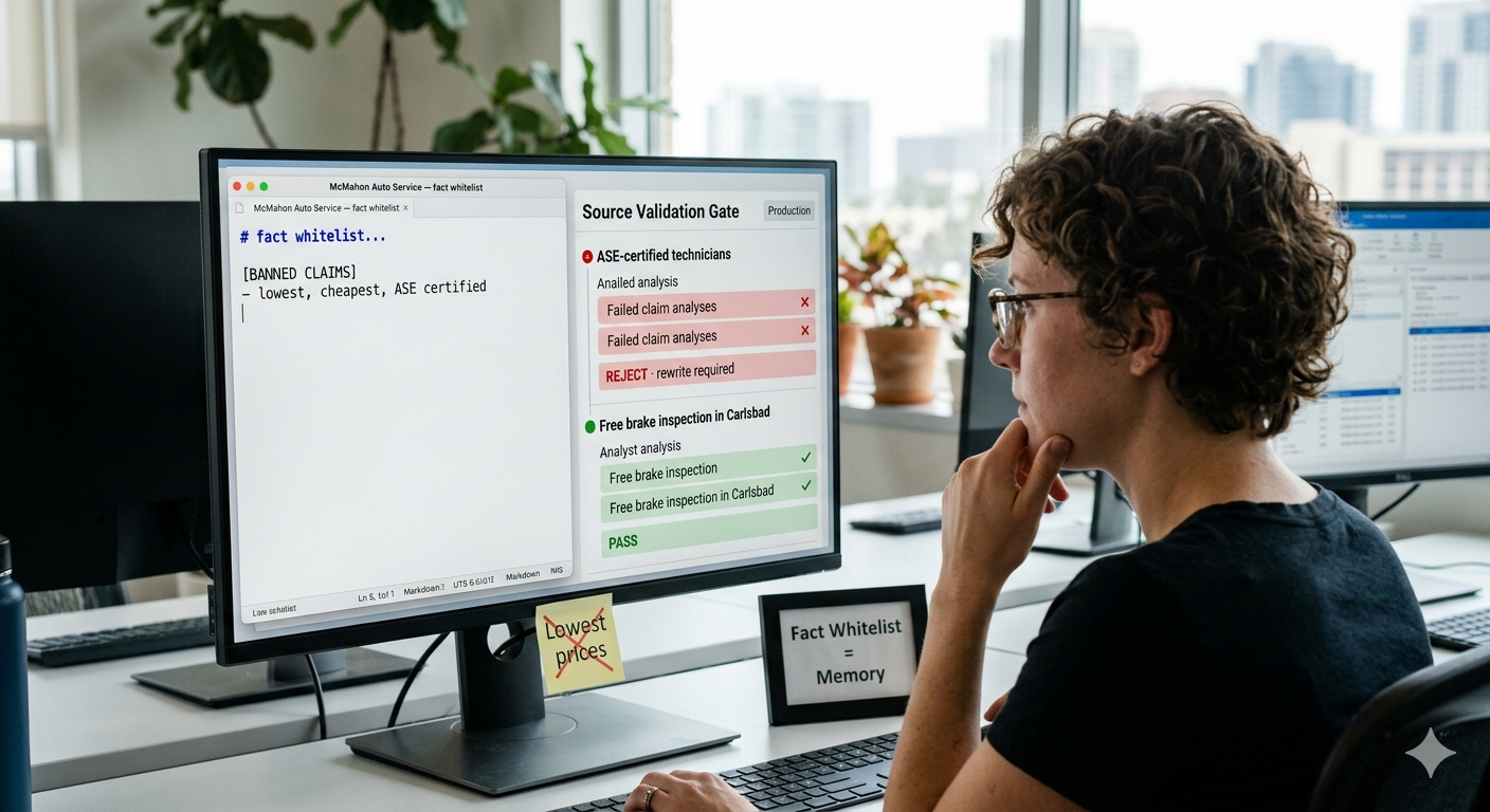 Source Validation Gate: fact whitelist rejecting unverified ad claims