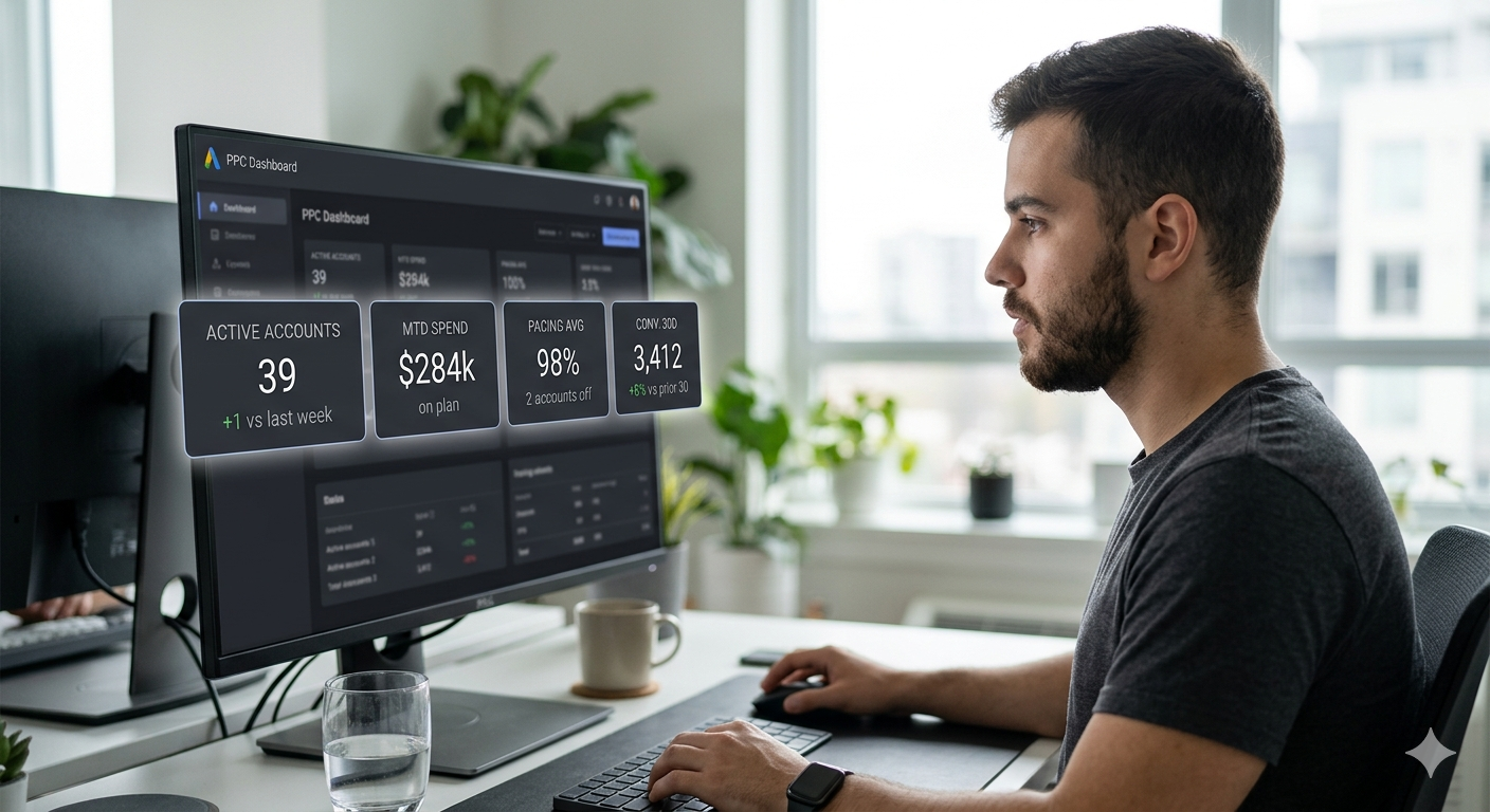 PPC dashboard with four core KPI cards: active accounts, MTD spend, pacing, conversions